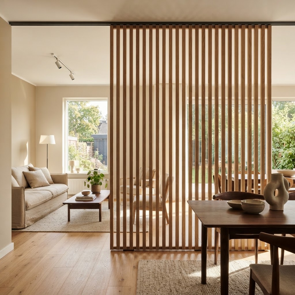 Sliding room divider of vertical oak slats between a living area and a dining area