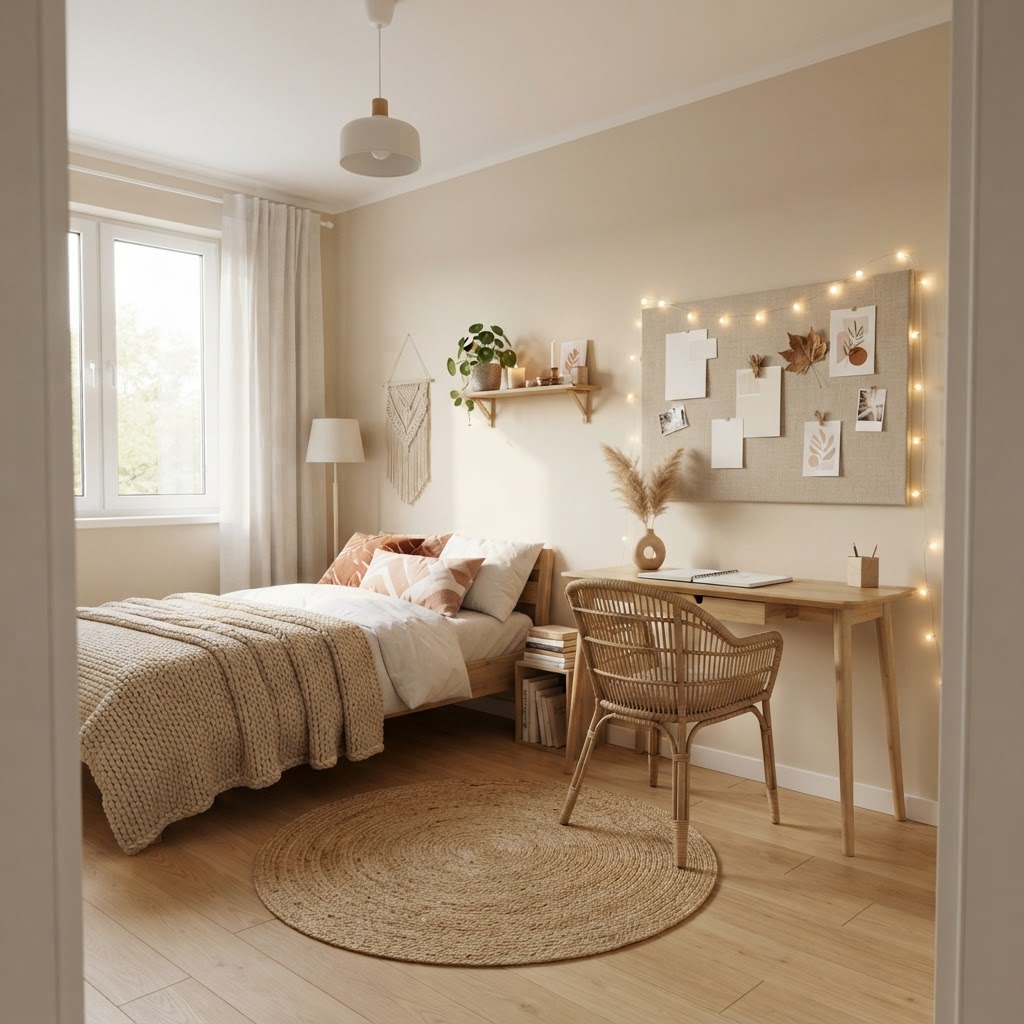 Teenage girl's bedroom in warm neutrals with a desk, a pinboard and string lights