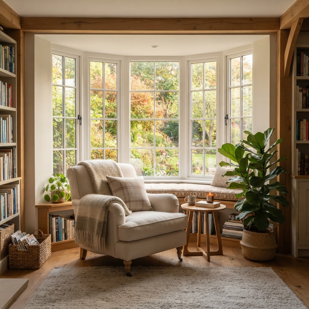 Bow window with a reading armchair, side table and plants