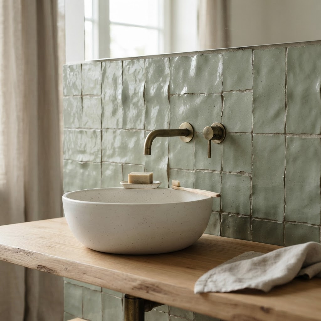 Handmade glossy sage green tiles behind a stone vessel basin on a wooden top