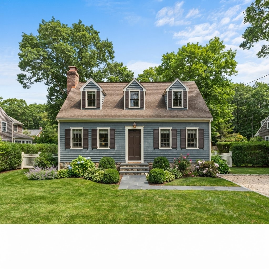 Blue-gray Cape Cod house with three dormers, brown shutters, a brown front door and a brown shingle roof above a green lawn and flowering shrubs
