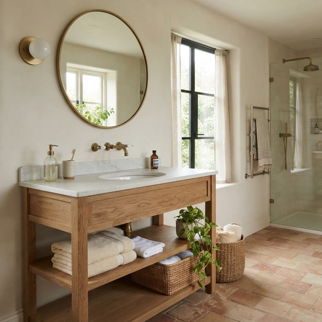 Bathroom with warm white walls, a wooden vanity with open shelves, a round brass mirror, brass taps, a walk-in shower and a terracotta floor