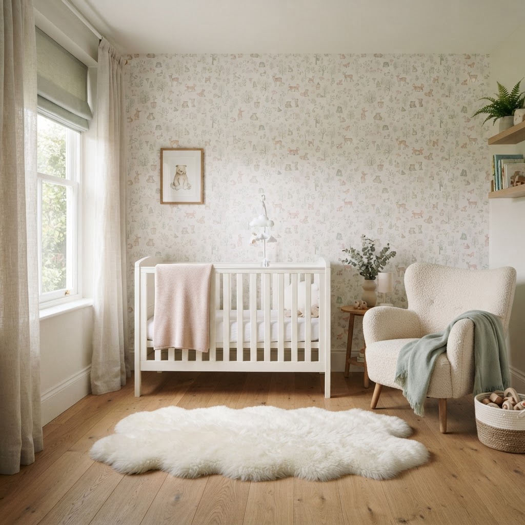 Calm nursery with a soft wallpaper of small animals and trees in muted sage and blush, a white cot, an armchair and a sheepskin rug
