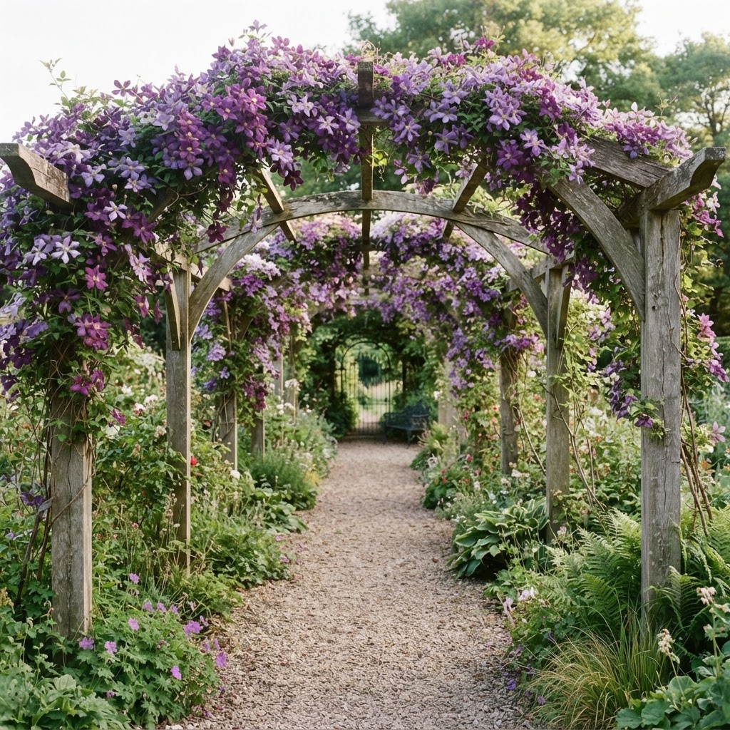 Long pergola walkway covered in purple clematis over a gravel path