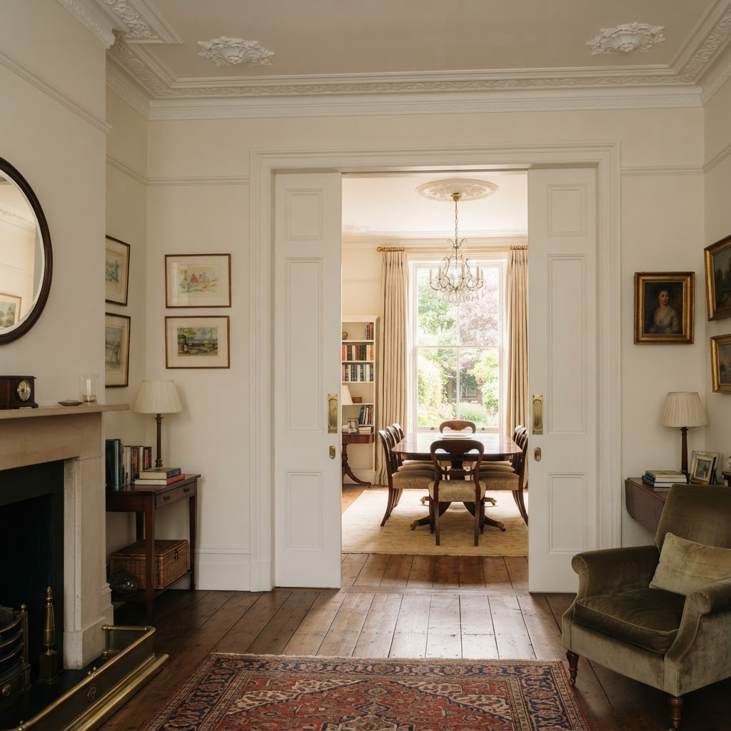 Pair of tall white panelled sliding doors open between two period reception rooms