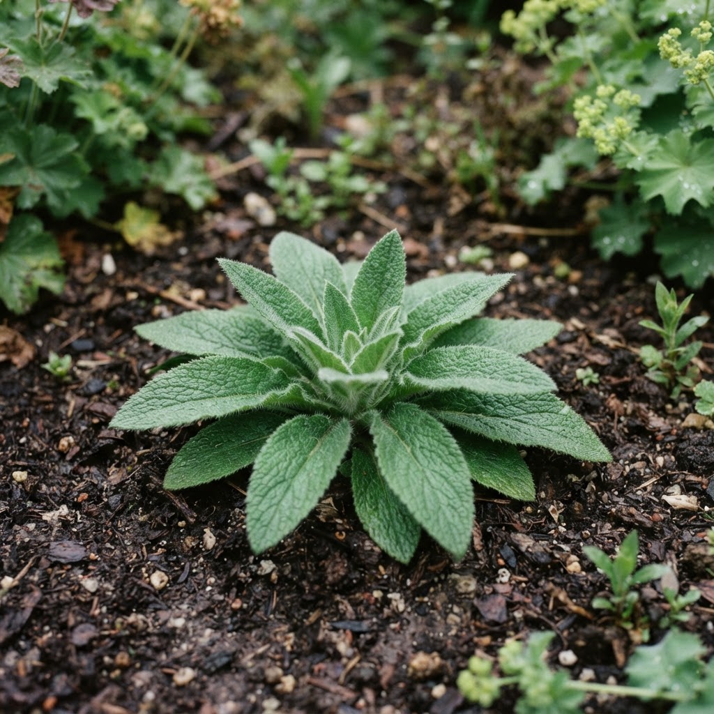 Low rosette of soft, hairy first year foxglove leaves growing in a garden border