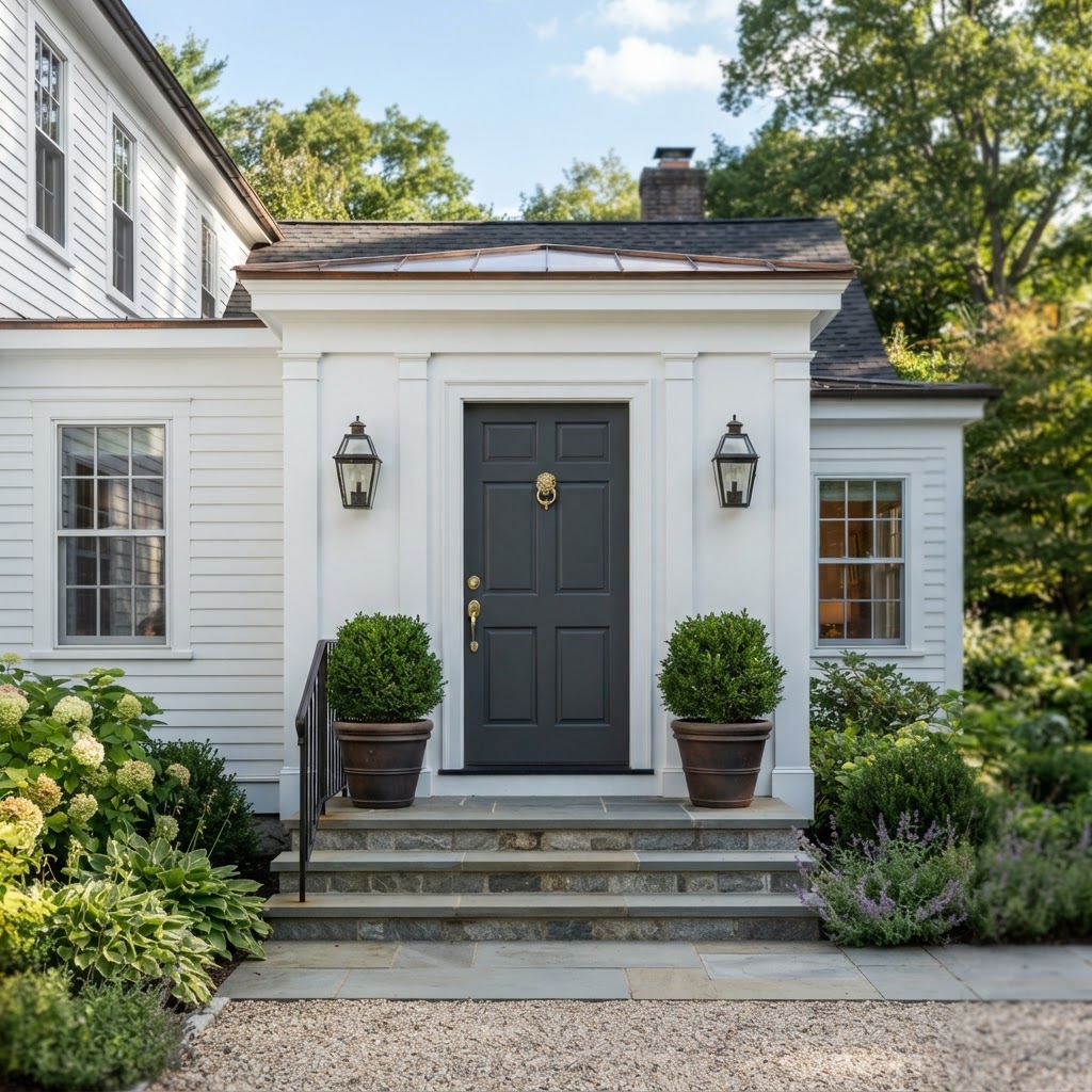 Front entrance of a white clapboard house with a deep graphite gray front door, brass hardware, black lanterns and potted boxwood on stone steps
