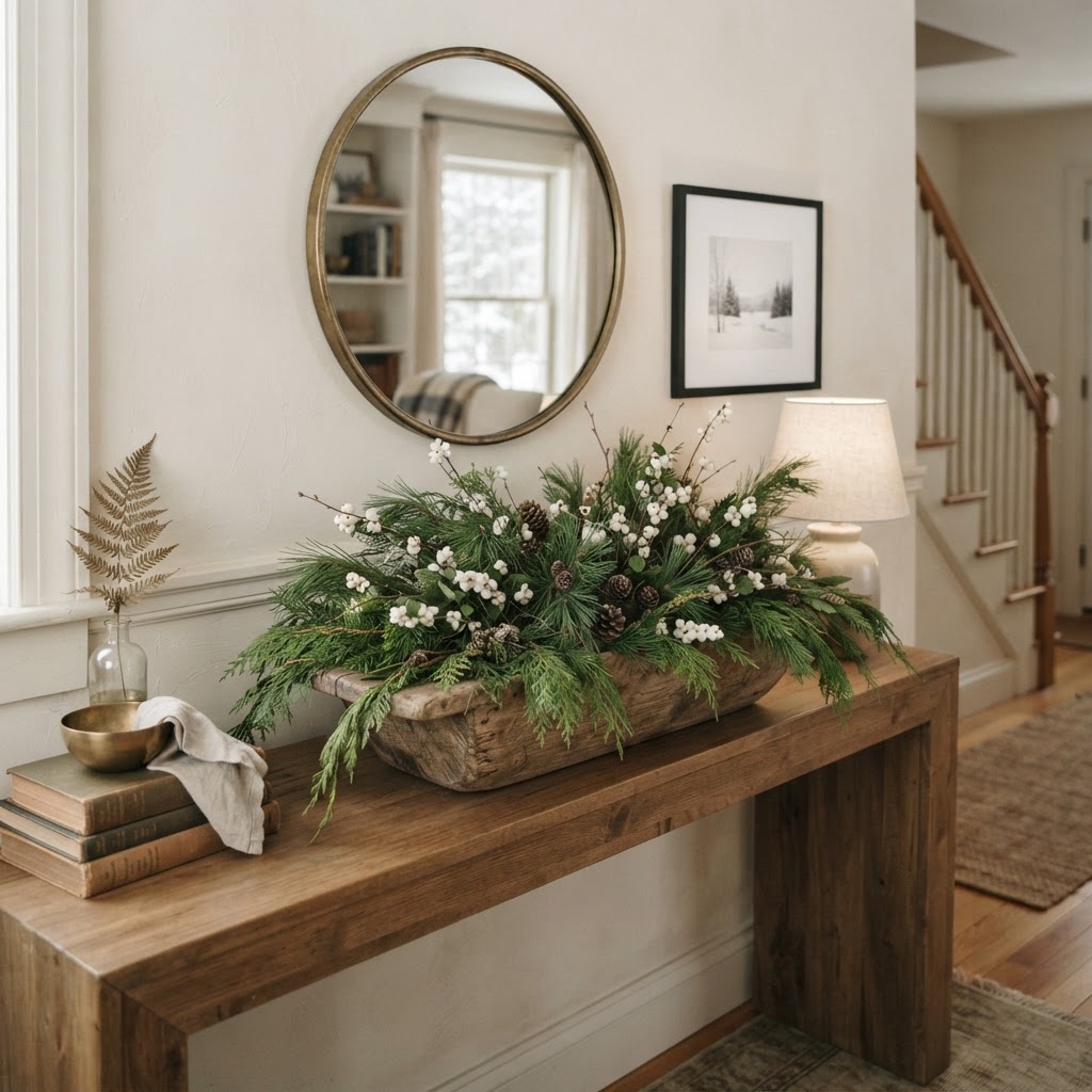 Evergreen winter arrangement of pine, cedar, white berries and pine cones in a wooden trough on a hallway console table