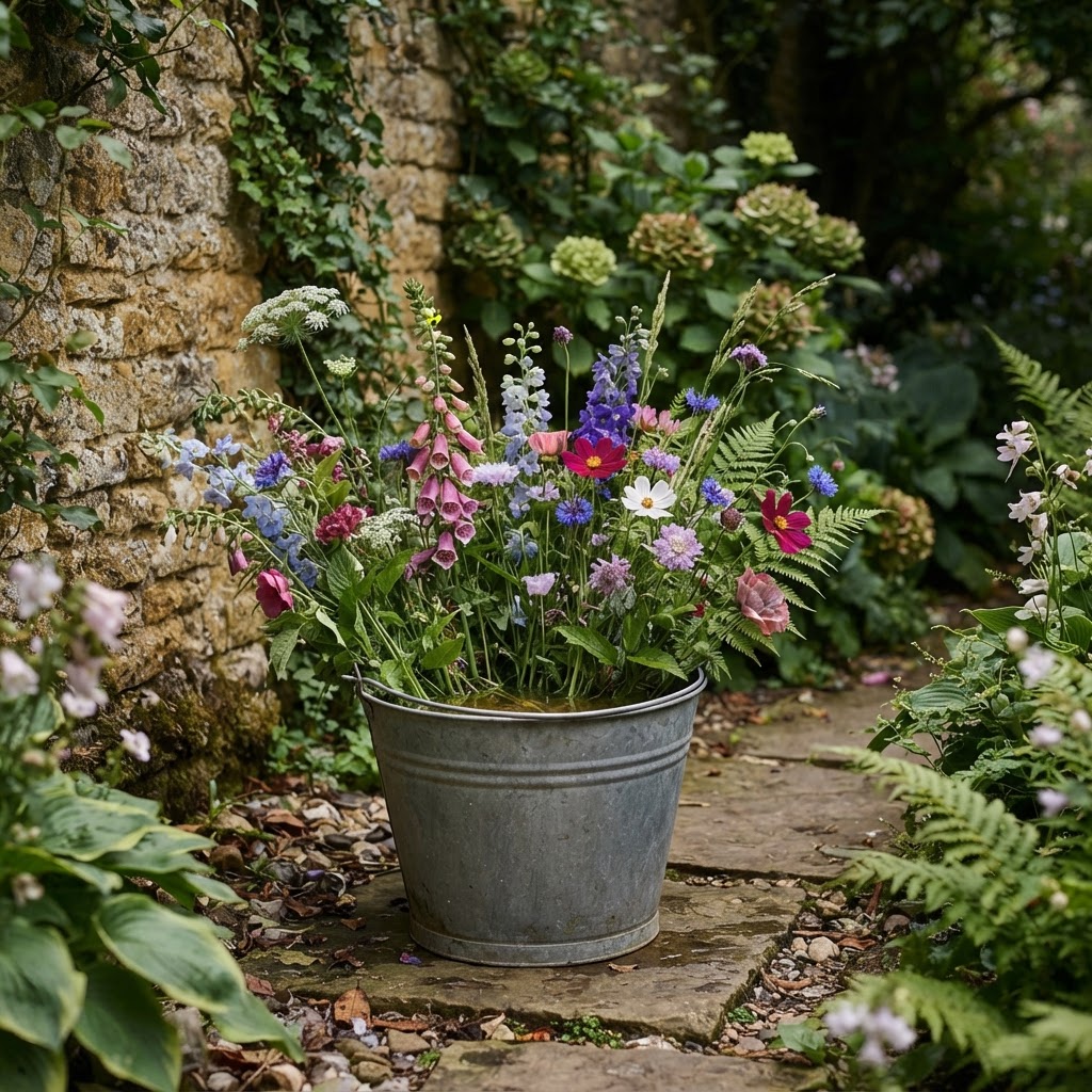 Cut wildflower stems conditioning in a bucket of water in a cool shaded spot