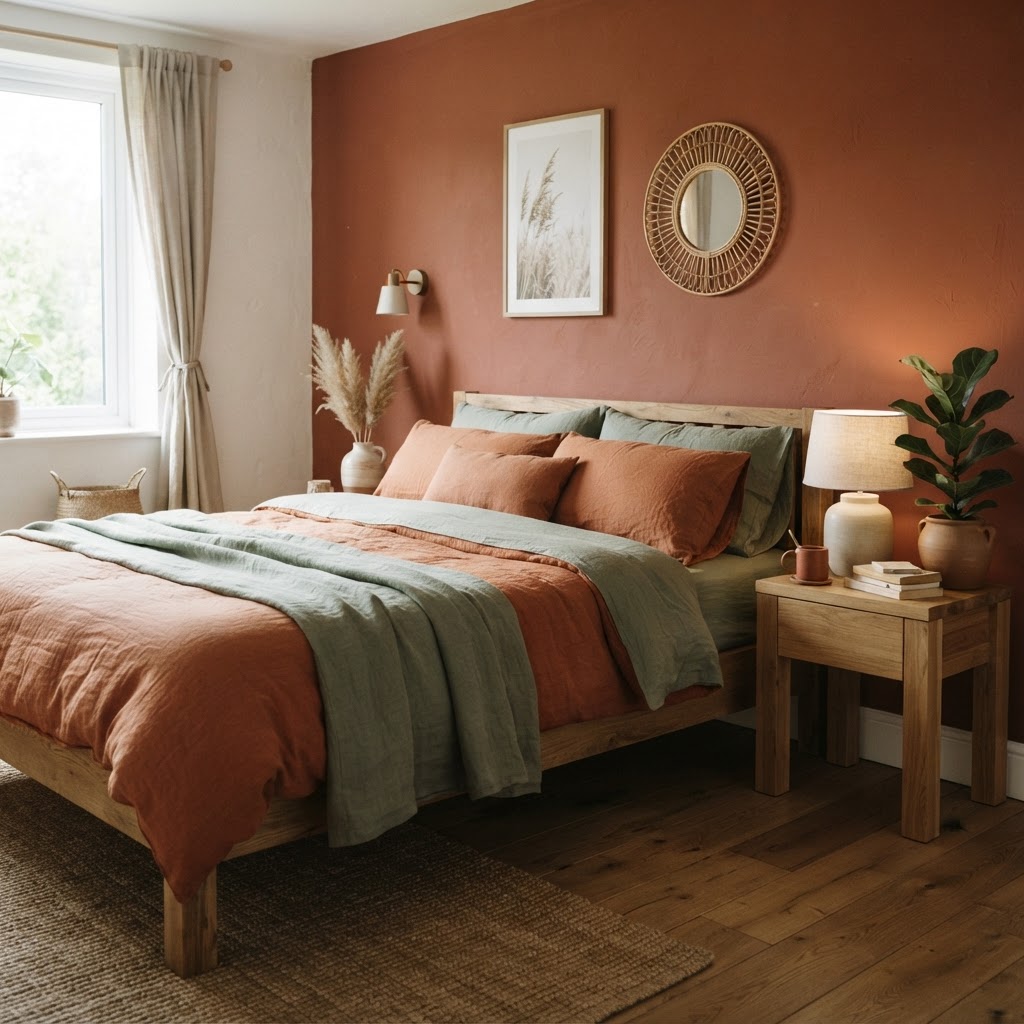 Terracotta bedroom with a painted terracotta feature wall, rust and sage linen bedding, a rattan mirror and a natural wood bed and bedside table