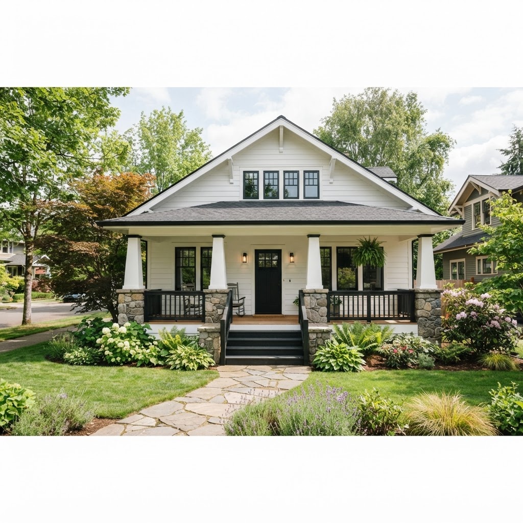 White craftsman bungalow with black trim and black porch railings, tapered columns on stone bases, a wide front porch and a stone path through flowering borders