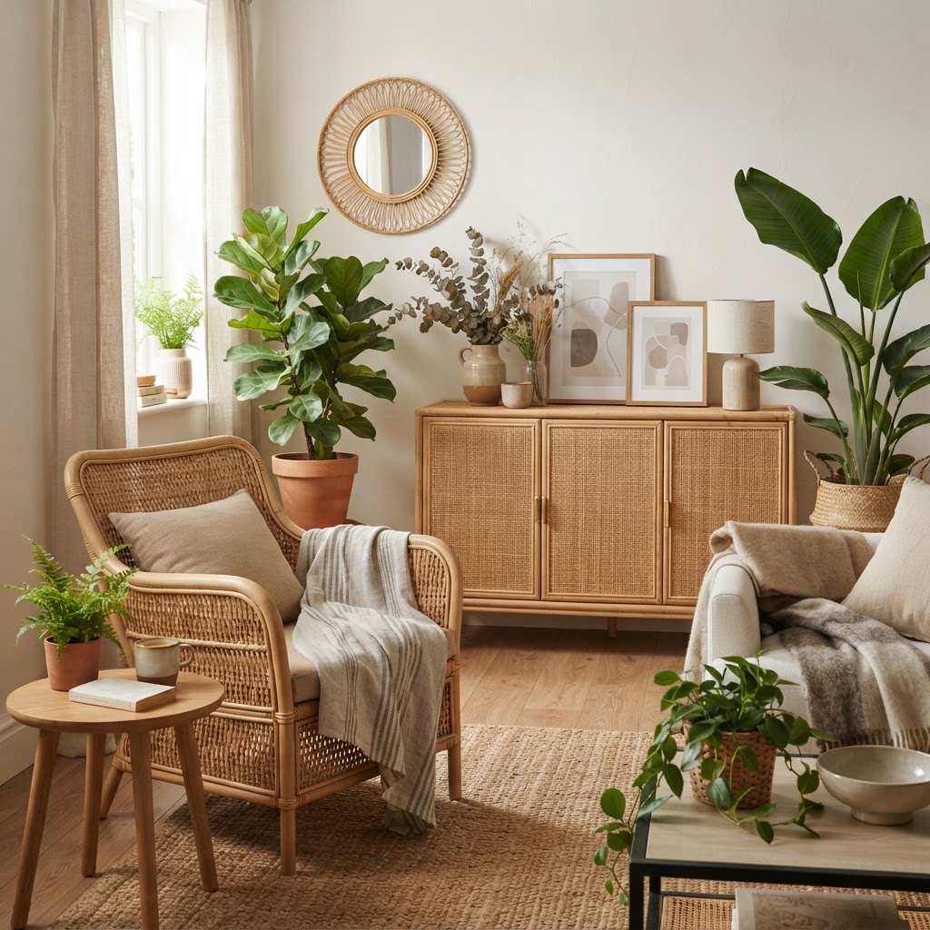 Living room with a rattan armchair, cane sideboard and large leafy plants in natural light