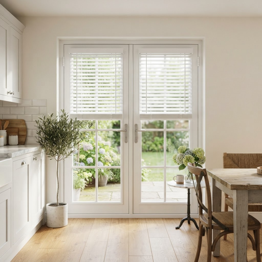 White French doors in a kitchen diner with white faux wood blinds on each door