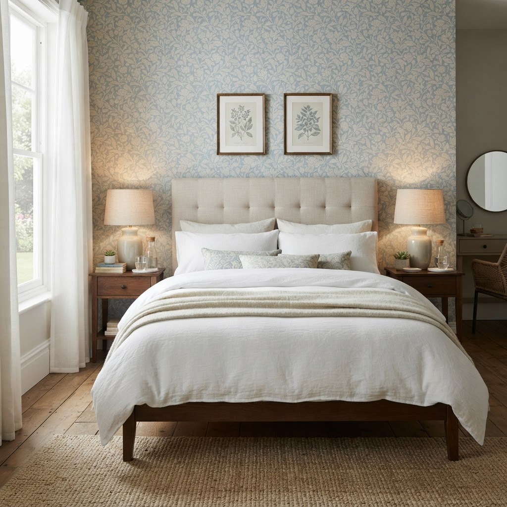 Calm bedroom with a soft blue leaf pattern wallpaper on the wall behind an upholstered bed with white linen and matching bedside lamps