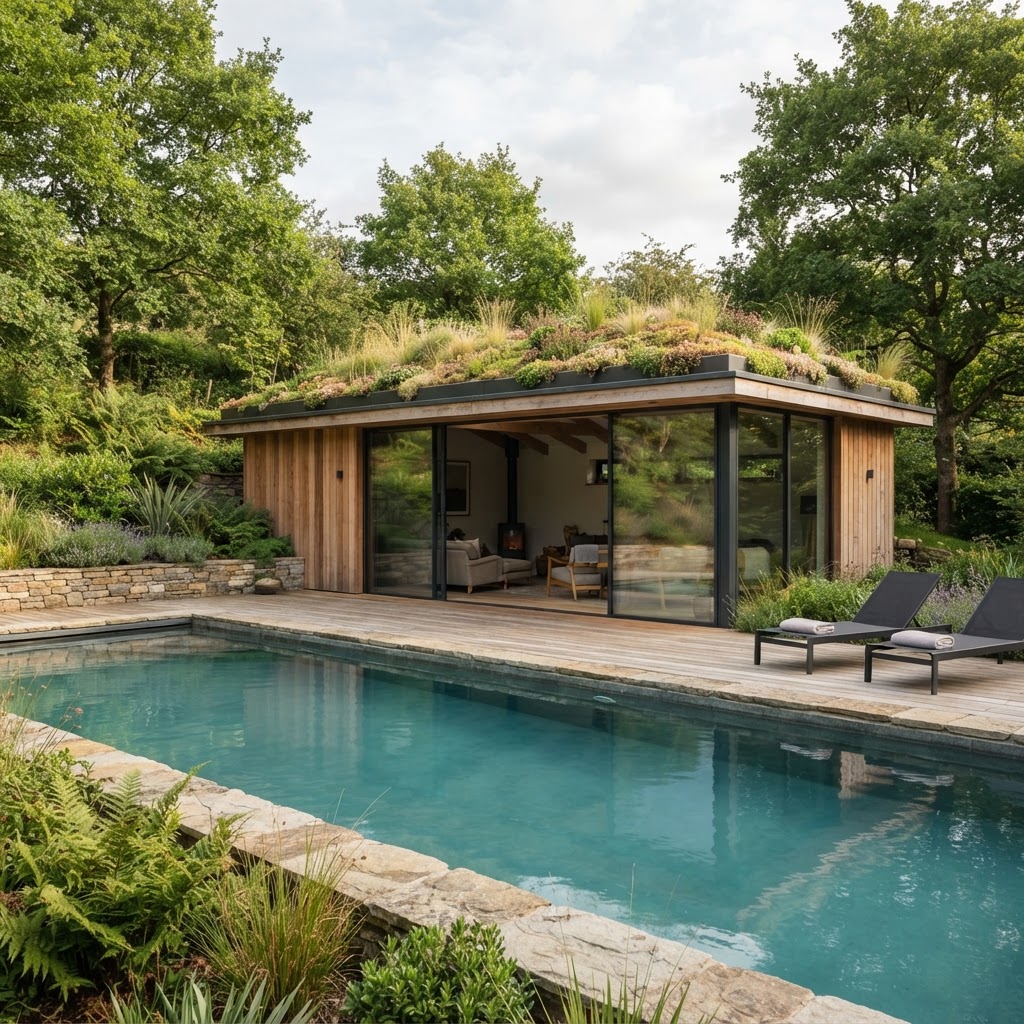 Contemporary pool house with a green sedum living roof and timber cladding beside a pool