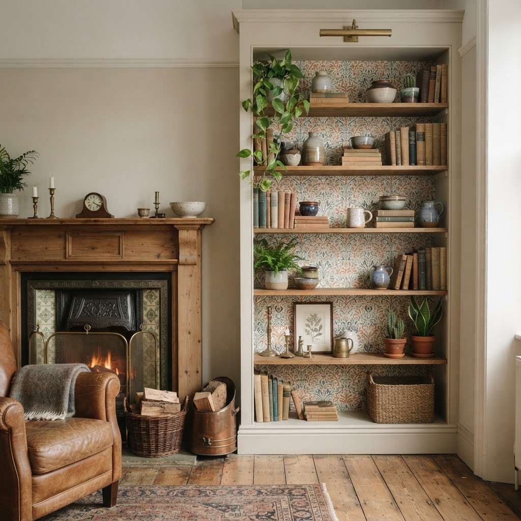 Built-in alcove bookshelves lined at the back with a patterned wallpaper, filled with books, ceramics and plants beside a fireplace