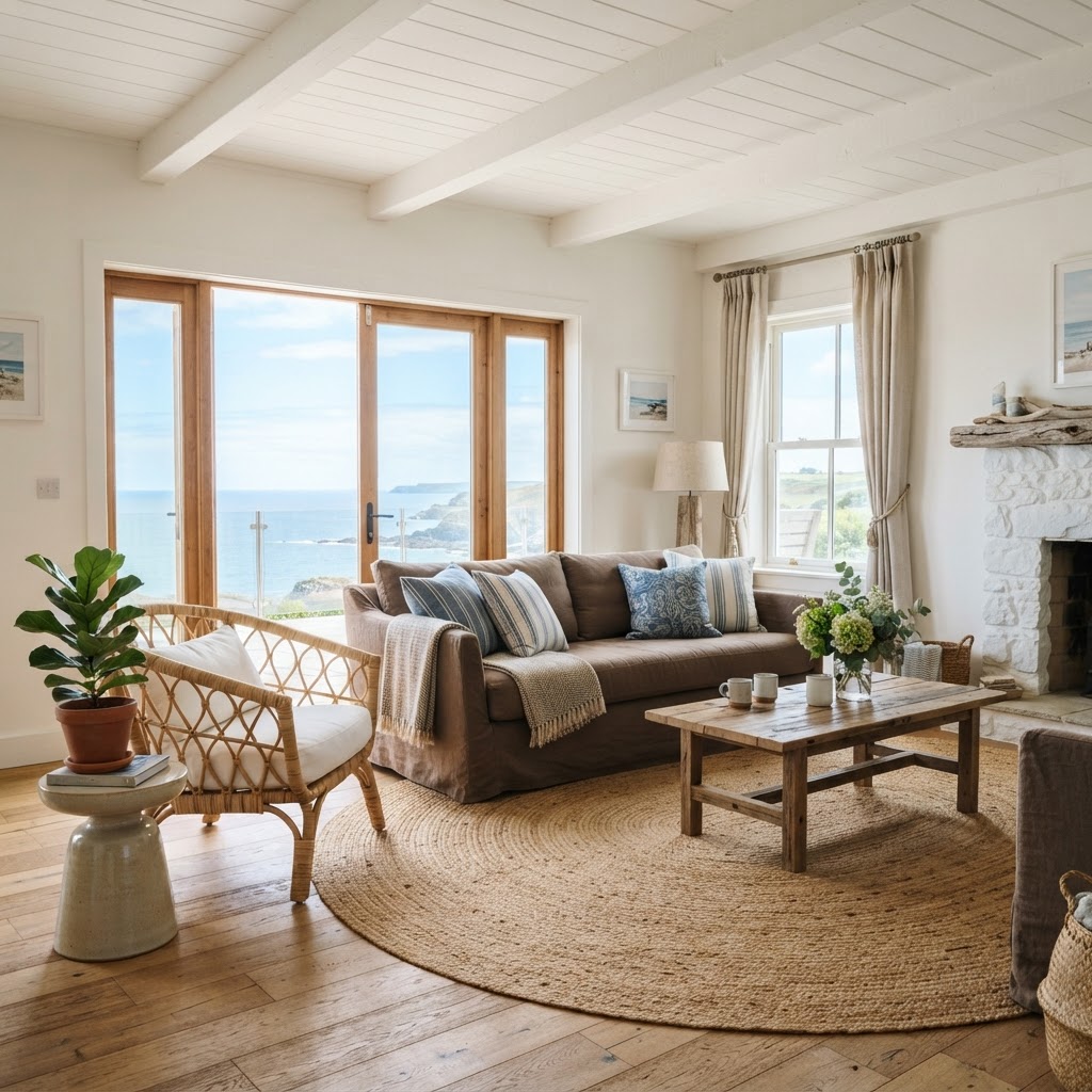 Coastal living room with a brown linen sofa, white walls and ceiling beams, blue and white striped cushions, a rattan armchair, a round jute rug and a sea view