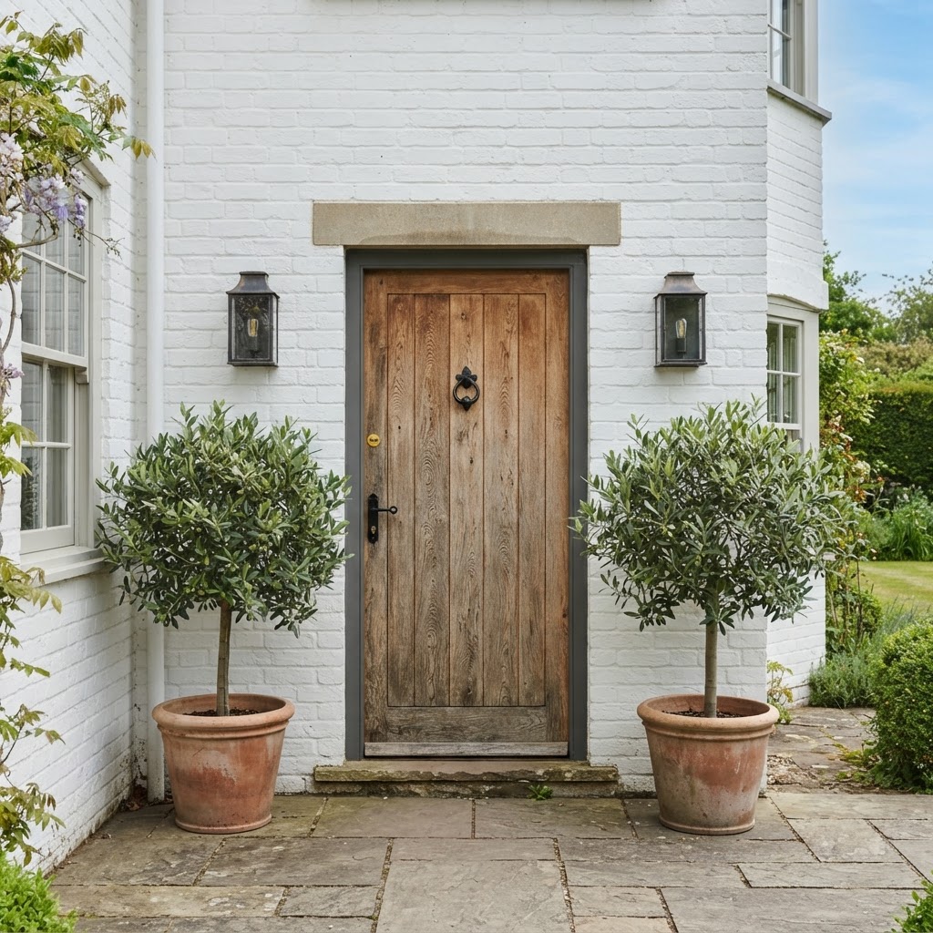 Natural oak front door on a white painted brick house with black lanterns either side and potted olive trees on a stone step