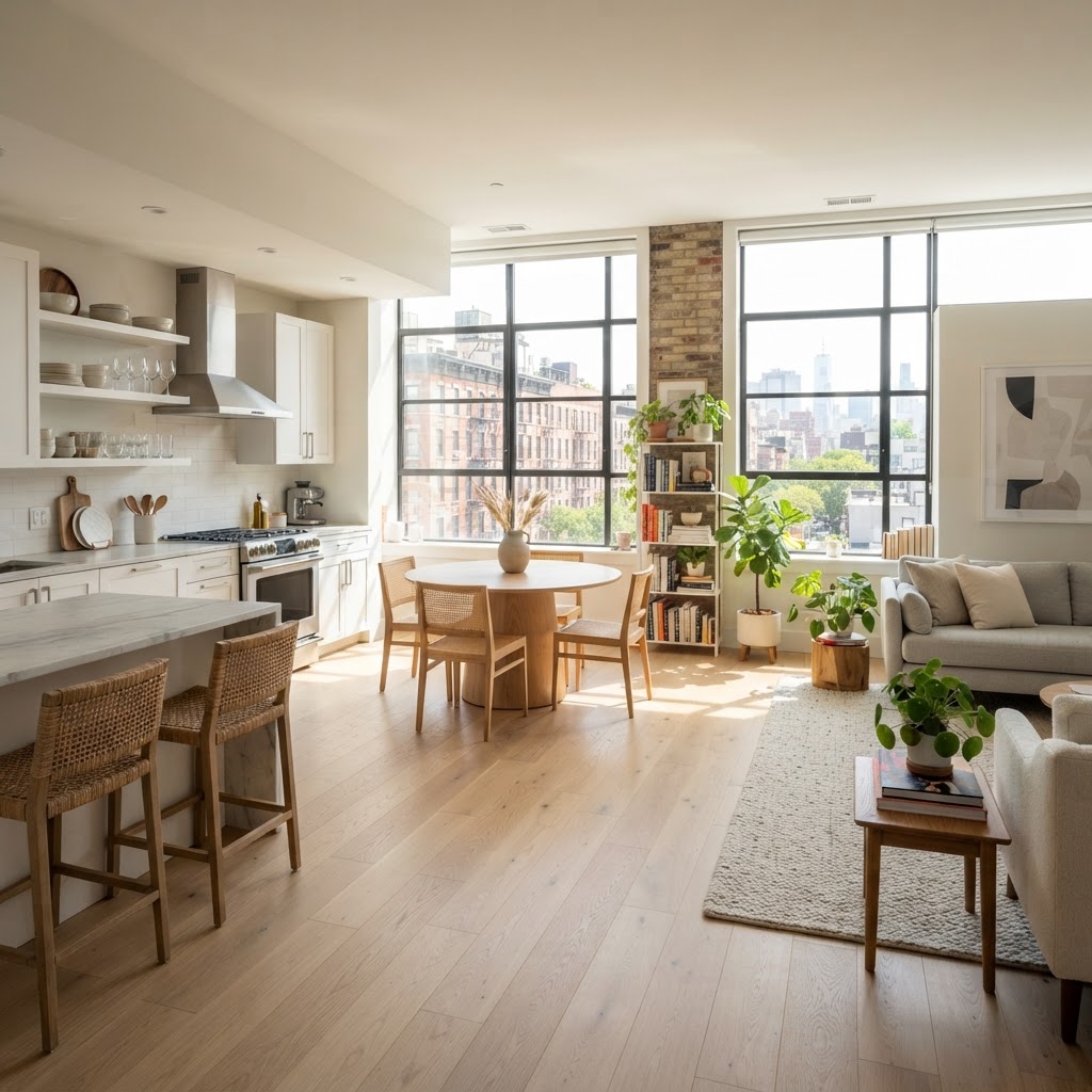 Bright open plan city apartment kitchen and living area with large windows and a pale wood floor