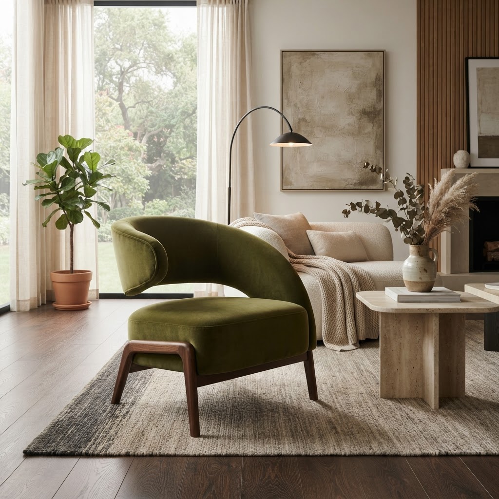 Asymmetric sculptural accent chair in olive velvet with one high curved arm in a modern living room
