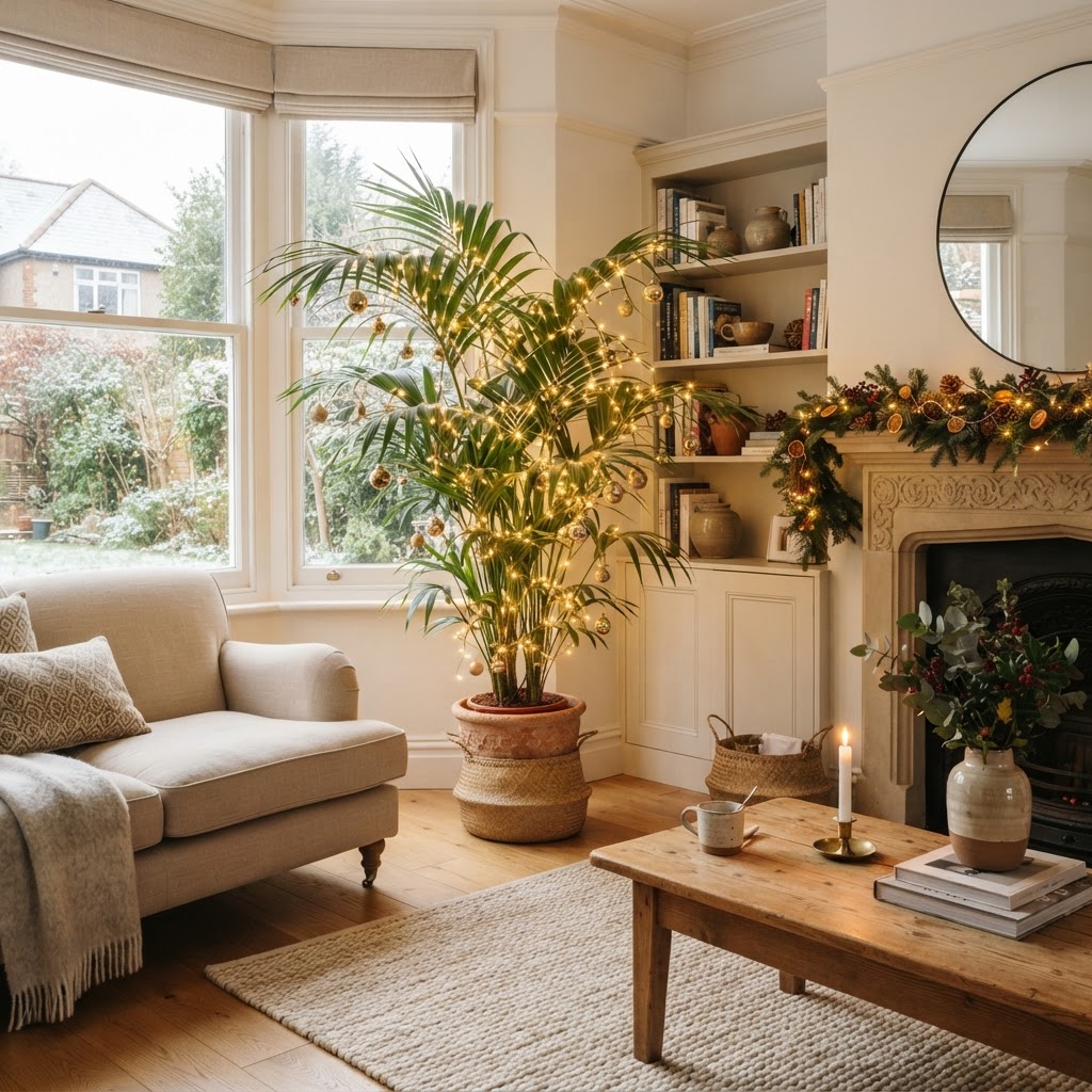 Potted palm tree wrapped in warm fairy lights in a bright living room at Christmas