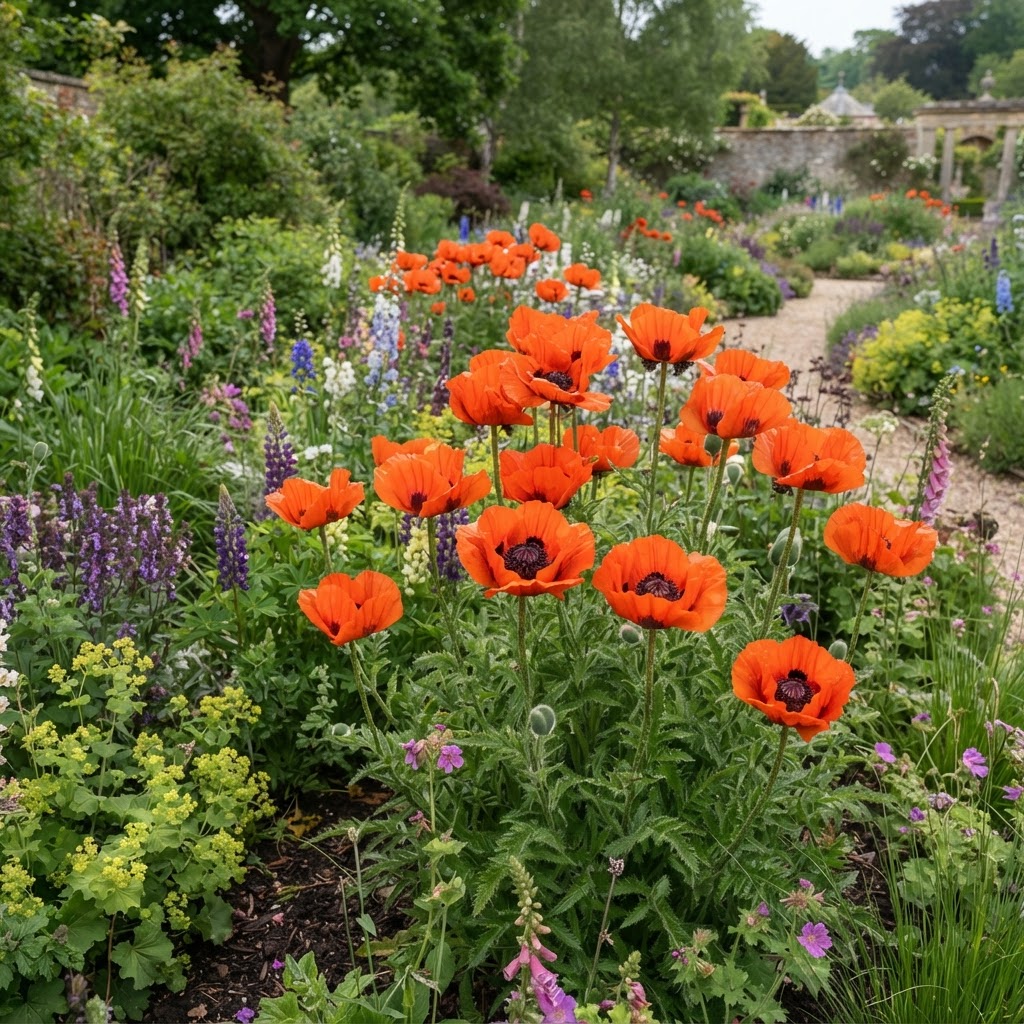 Huge scarlet Oriental poppies with black blotches flowering in a perennial border
