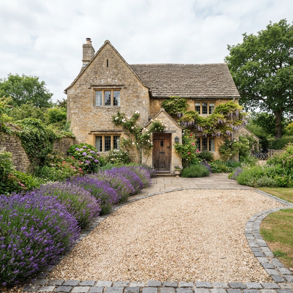 Curved gravel driveway with a cobble edge and lavender in front of a stone cottage