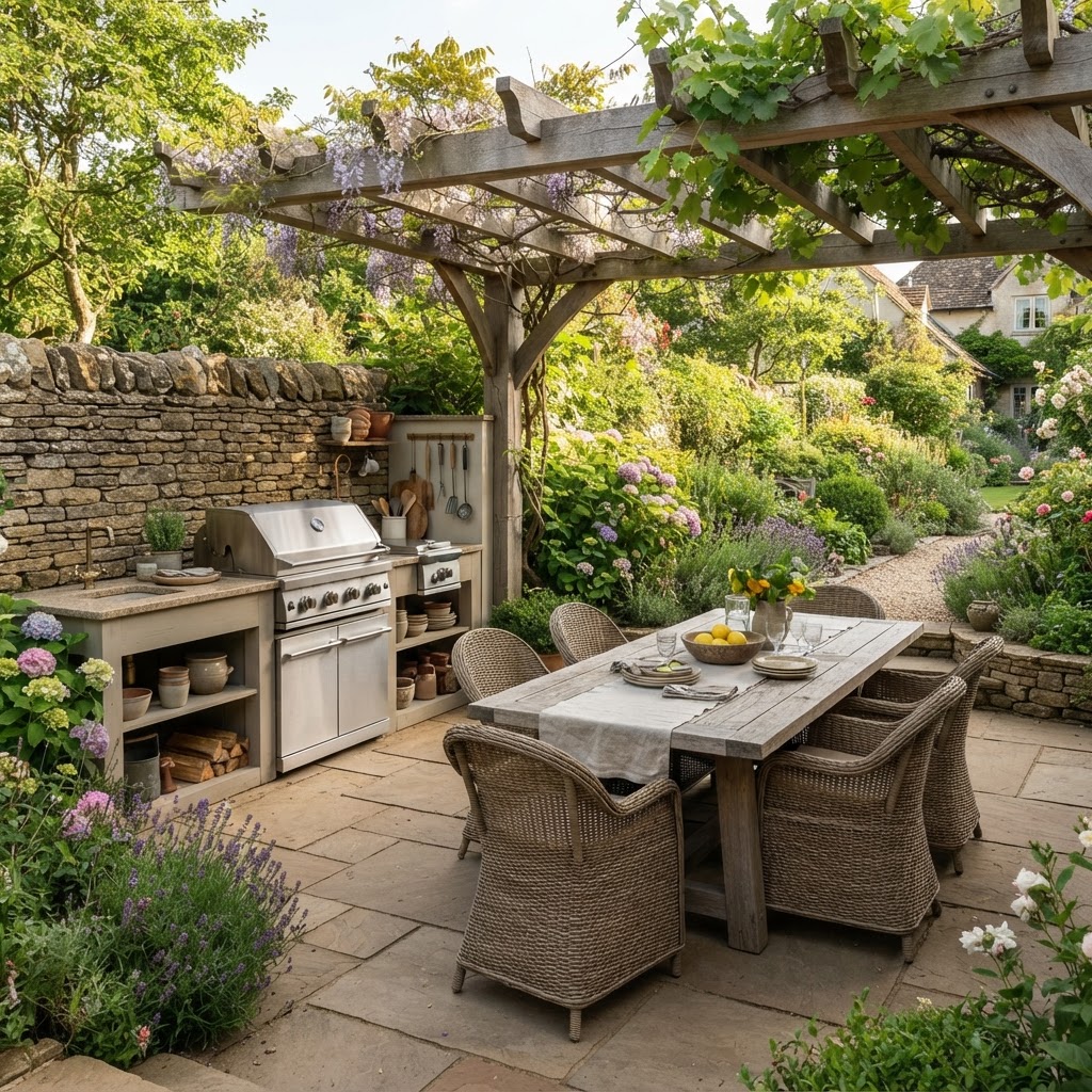 Outdoor kitchen with a built-in stone worktop and barbecue beside a patio dining table under a pergola