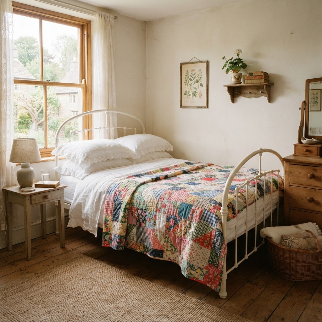 White iron bed with a colourful patchwork quilt in a farmhouse bedroom
