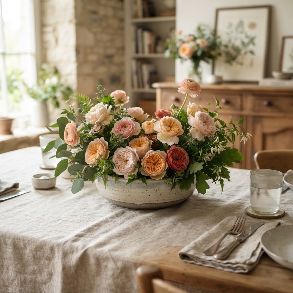 Low ceramic bowl centrepiece of roses, ranunculus and greenery on a dining table