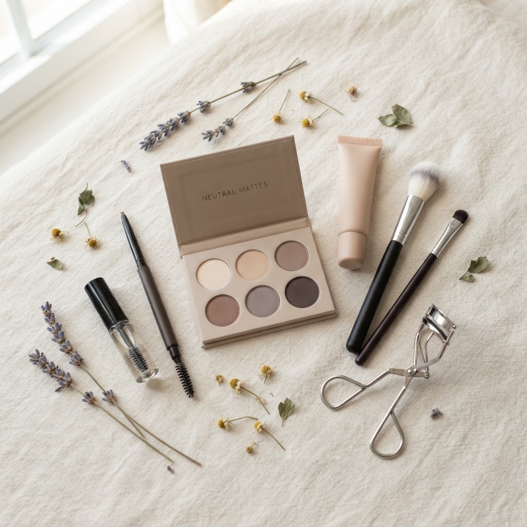 Flat lay of makeup for hooded eyes on cream linen, with a palette of matte neutral eyeshadows, an eyelid primer, a fluffy blending brush, a small angled brush, an eyelash curler, a brow pencil, brow gel and sprigs of dried lavender