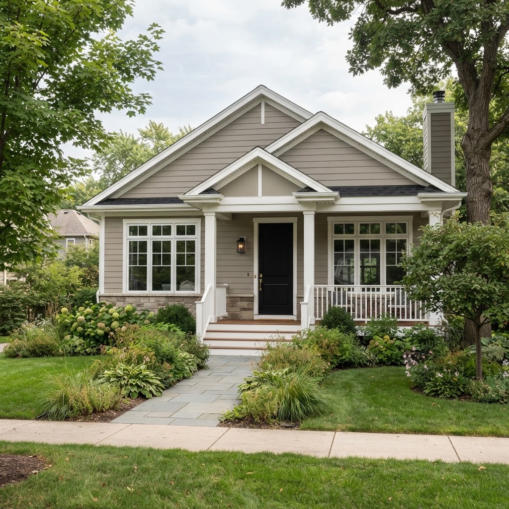 House with soft warm greige siding, white trim and a black front door