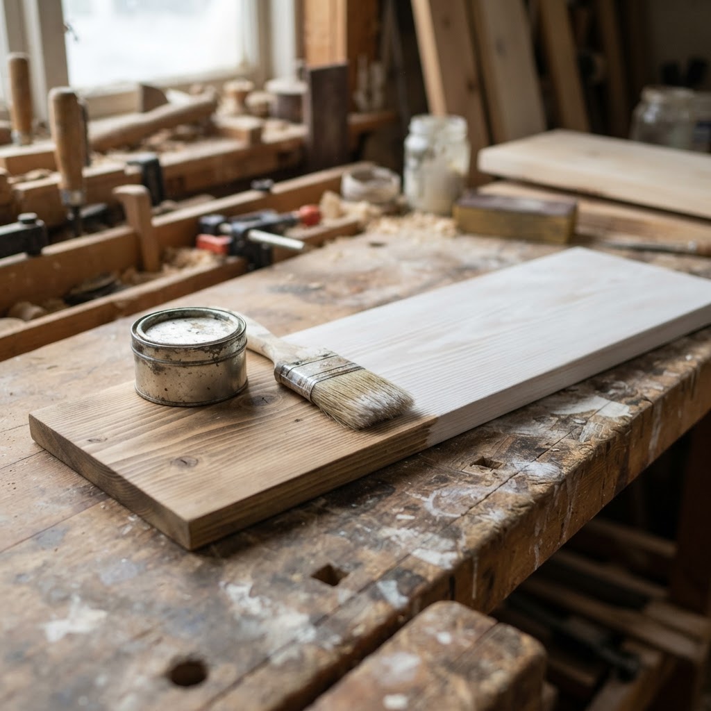 Pine board on a workbench, half bare and half finished in a white limewashed pickled finish, with a brush and a small tin of liming wax