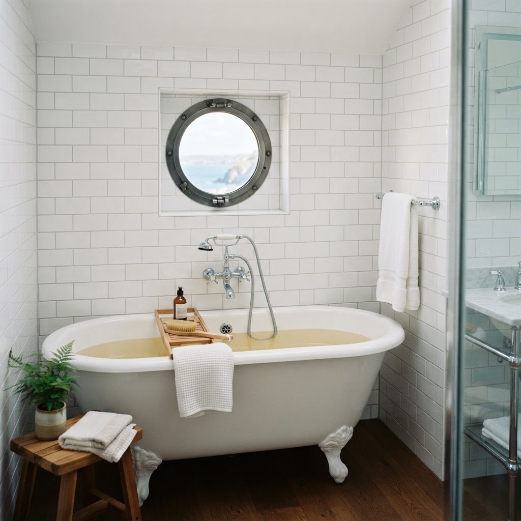 Small round porthole window above a freestanding bath in a white tiled bathroom