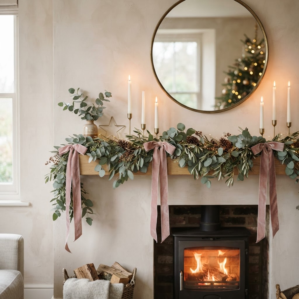 Modern Christmas mantel with a loose silver green eucalyptus garland tied with long trailing dusty pink velvet ribbon and simple white candles