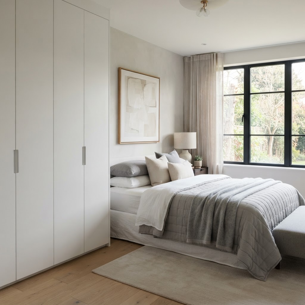 Modern bedroom with sleek white handleless wardrobes and a white bed with soft grey bedding