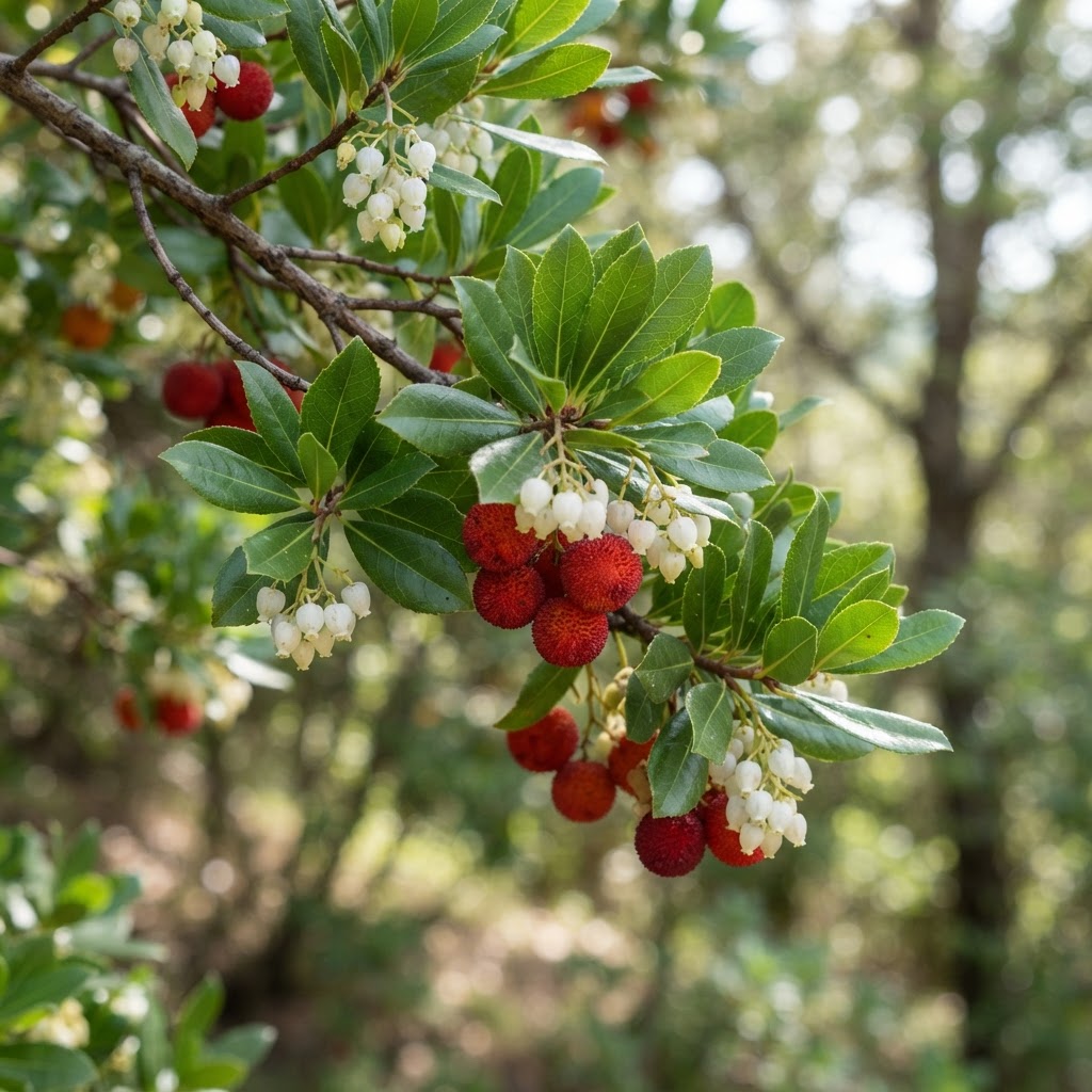 Strawberry tree branch with glossy evergreen leaves, round bumpy red fruits and small white bell-shaped flowers at the same time
