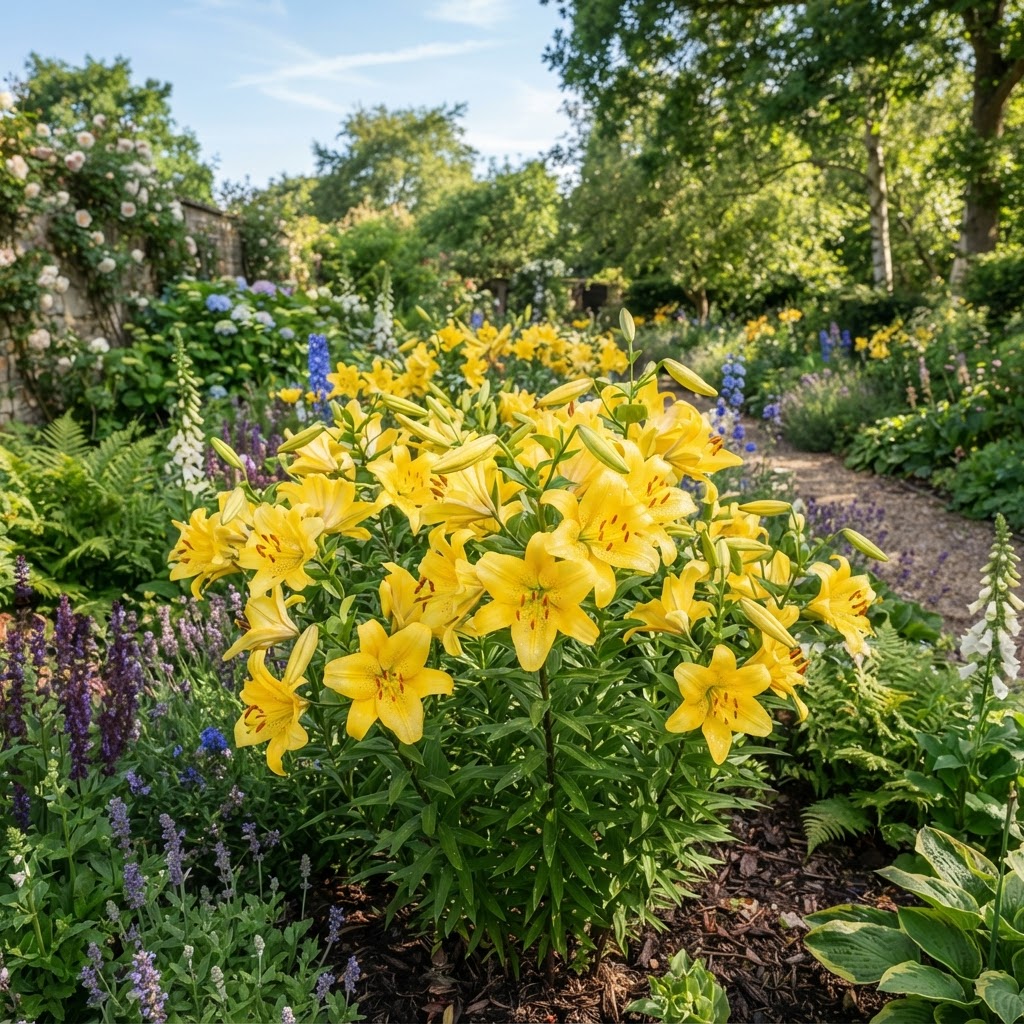 Bright yellow lilies in full bloom in a summer garden