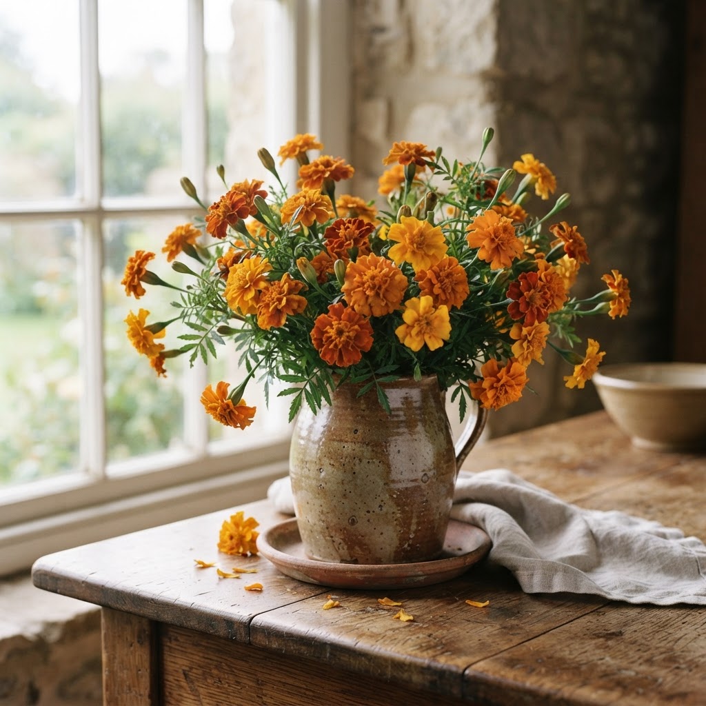 Cut orange and yellow marigolds in a rustic stoneware jug on a wooden table