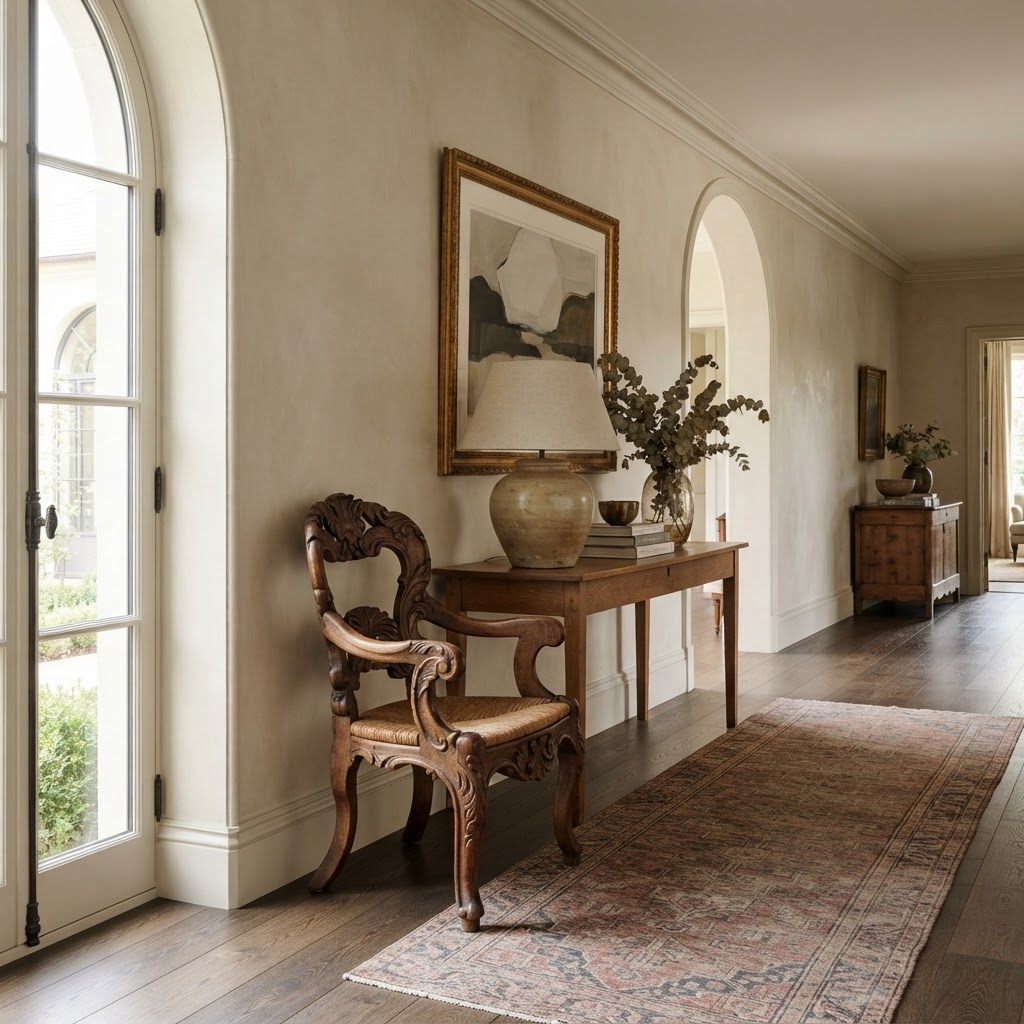 Carved wooden accent chair in an elegant hallway beside a console table and artwork