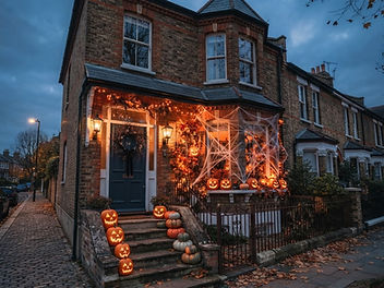British brick terraced house decorated for Halloween at dusk with glowing carved pumpkins on the front steps, a twig wreath on the door, cobwebs and orange lights around the bay window