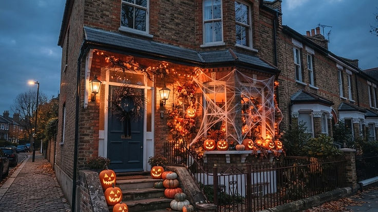 British brick terraced house decorated for Halloween at dusk with glowing carved pumpkins on the front steps, a twig wreath on the door, cobwebs and orange lights around the bay window