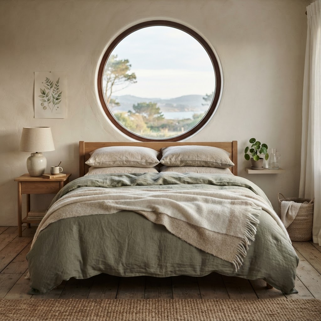 Bedroom with a round window above the bed and soft linen bedding