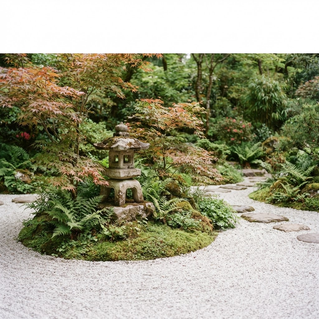 Japanese-style garden with a stone pagoda lantern among moss, ferns and maples