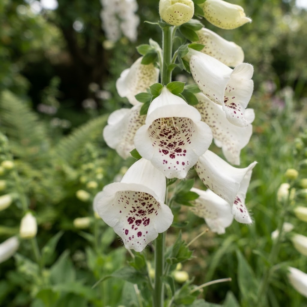 Close-up of white foxglove flowers with dramatic dark maroon spotted throats
