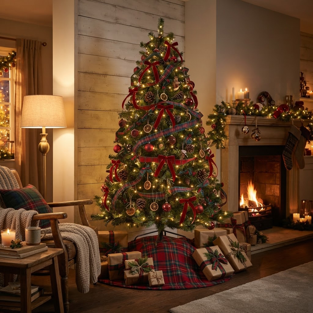 Christmas tree decorated with red baubles, tartan ribbon and a tartan tree skirt