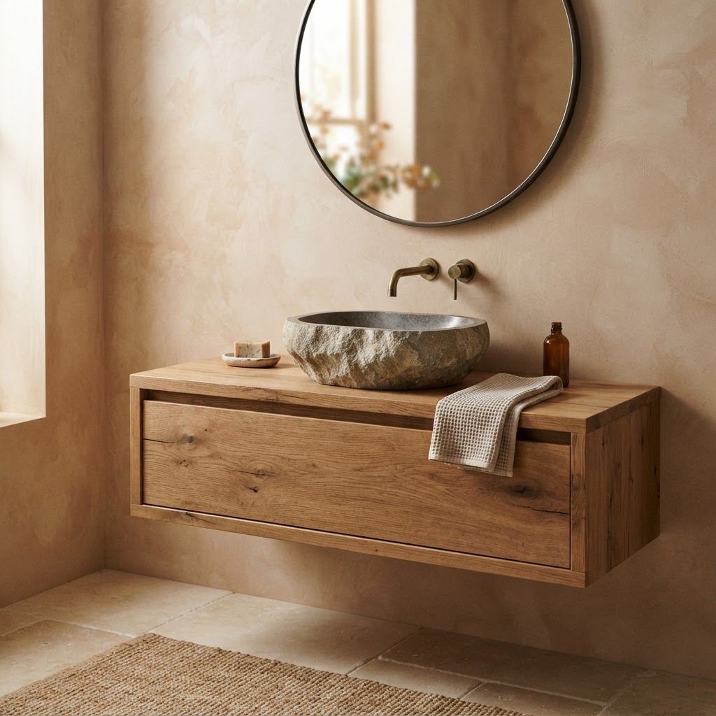 Floating oak vanity with a carved stone vessel basin and a round brass mirror