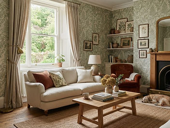 Lounge room with sage green and cream botanical leaf wallpaper on every wall, a cream linen sofa, a rust velvet armchair, an oak coffee table, a jute rug and a fireplace