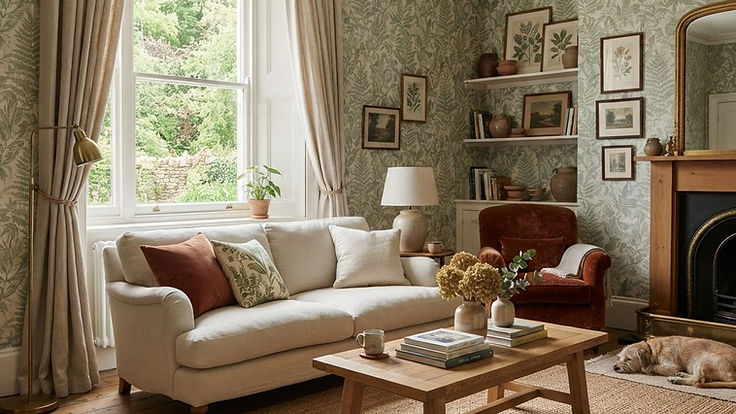 Lounge room with sage green and cream botanical leaf wallpaper on every wall, a cream linen sofa, a rust velvet armchair, an oak coffee table, a jute rug and a fireplace