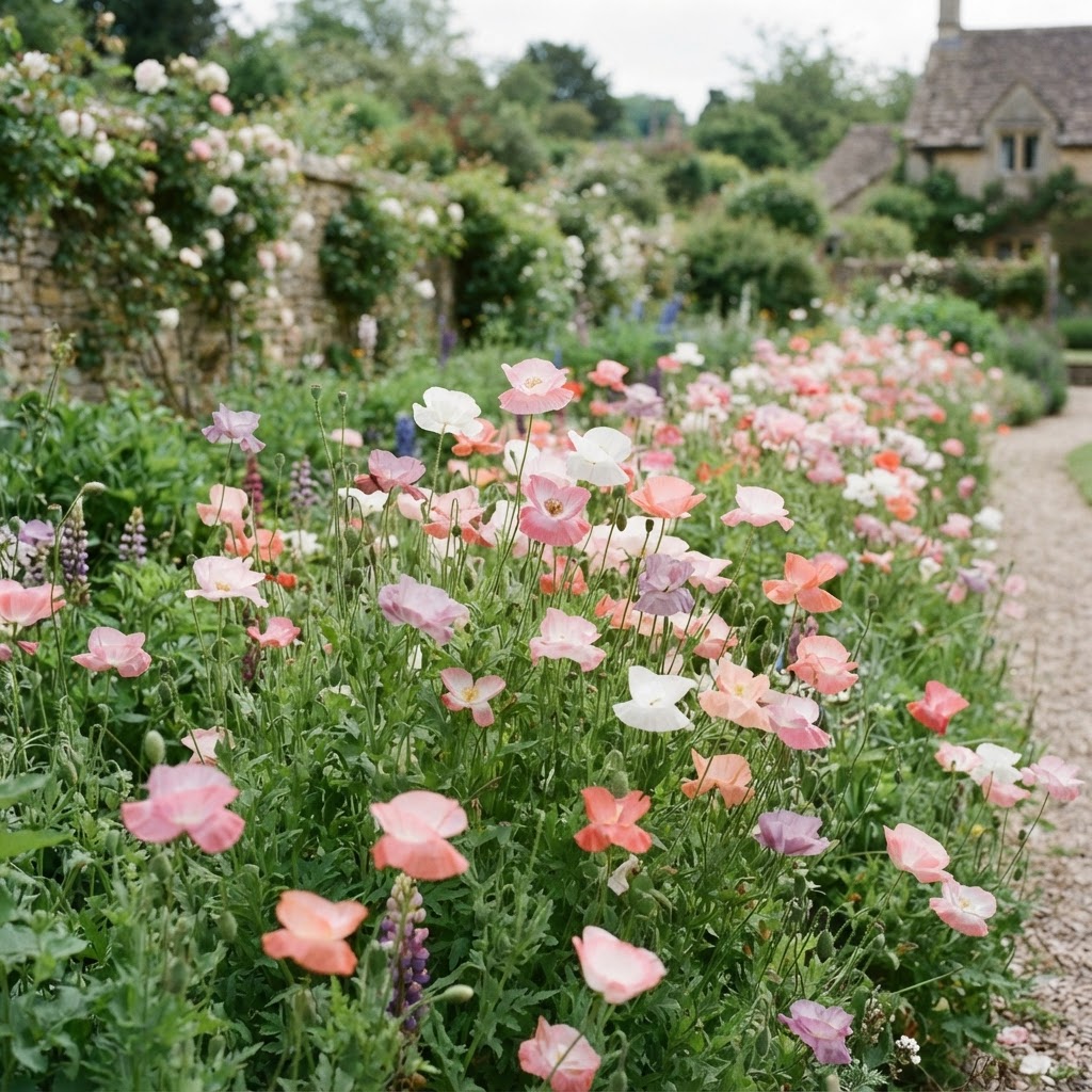 Pastel Shirley poppies in pink, white, coral and lilac flowering in a garden border